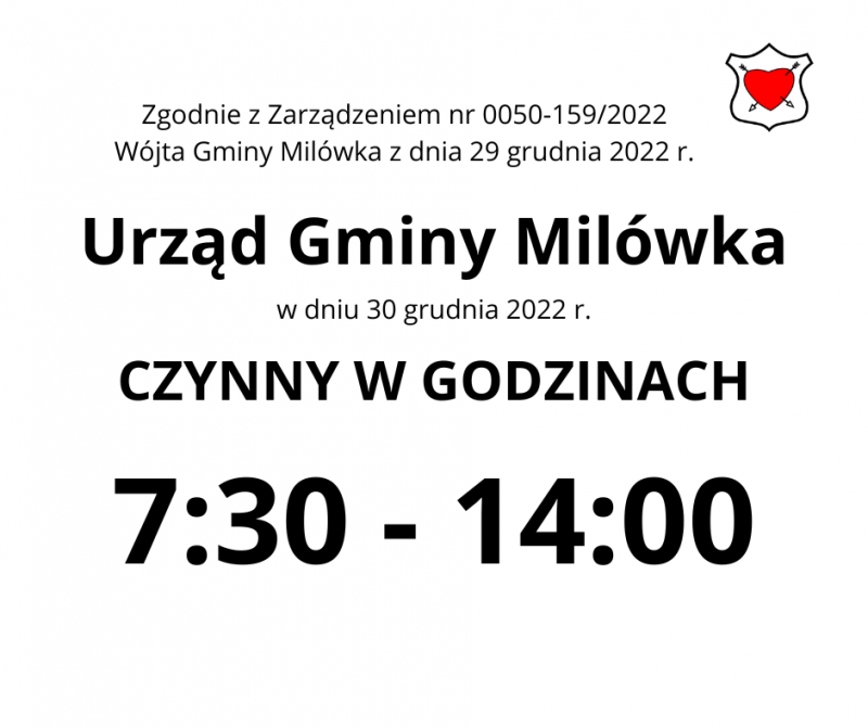 30.12.2022 - Zmiana godzin otwarcia Urzędu Gminy