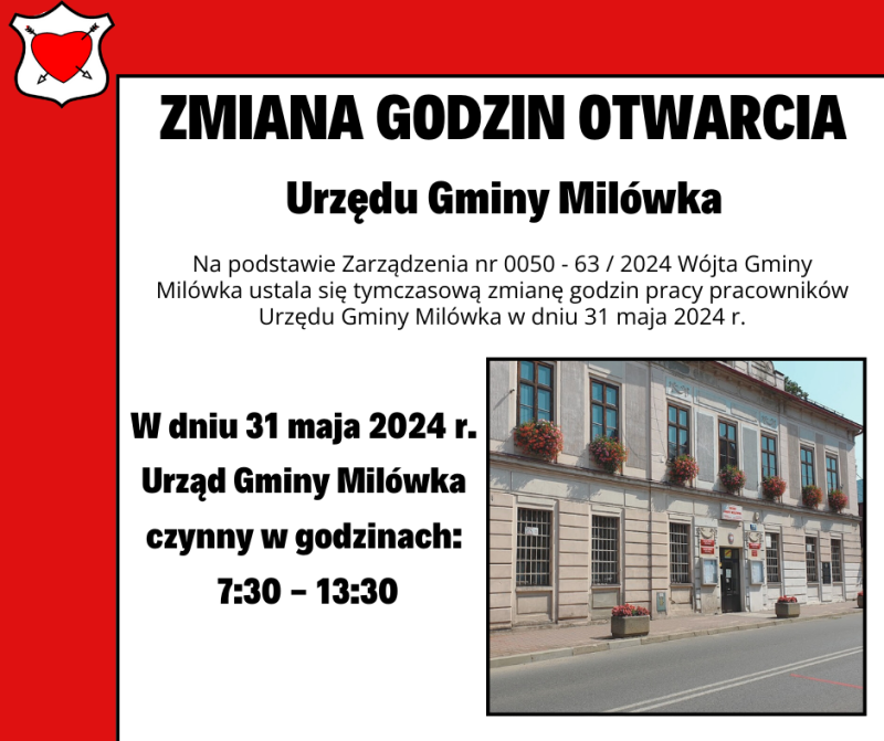 Zmiana godzin pracy Urzędu Gminy Milówka w dniu 31.05.2024 r.